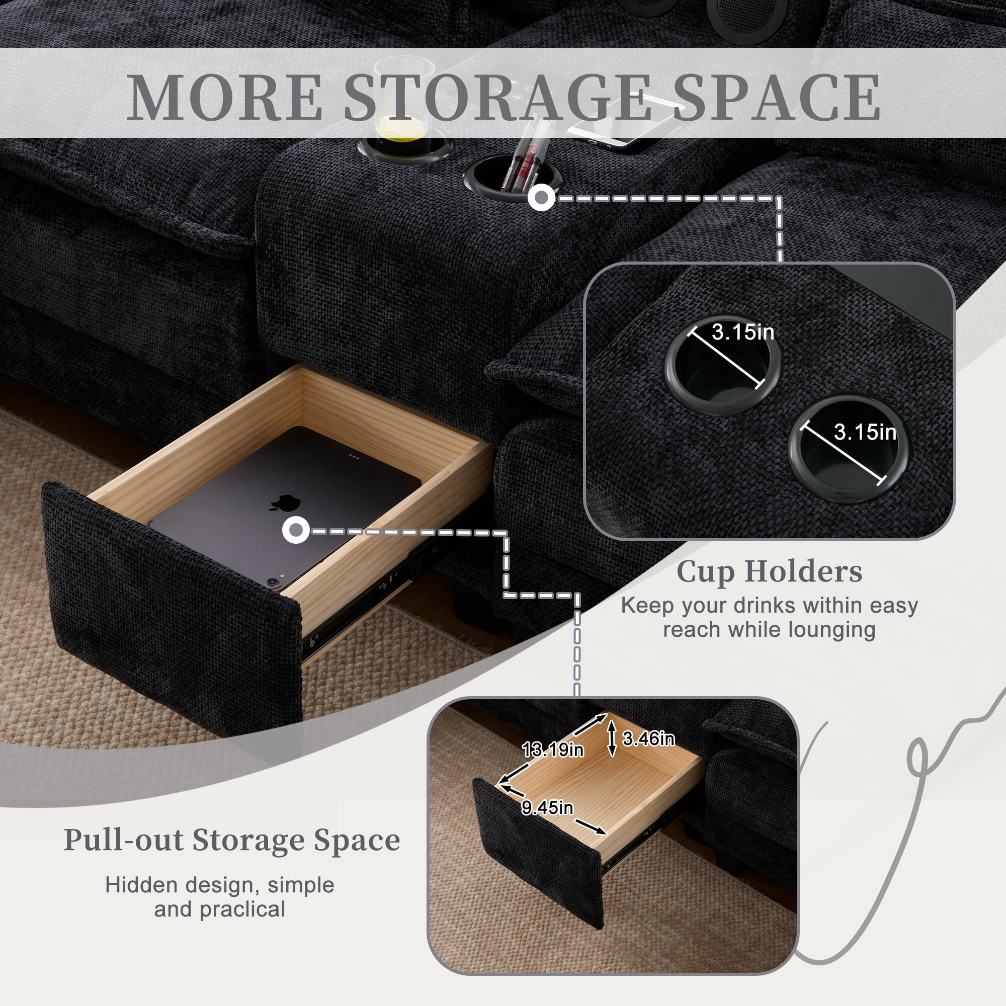 Villeston 126.77" U-Shaped Cloud Sofa With Chaise Lounge, Chenille Sofa With Wireless Charging, Bluetooth Speaker, Two Cup Holders, Storage Drawer, Suitable For Living Room,Black