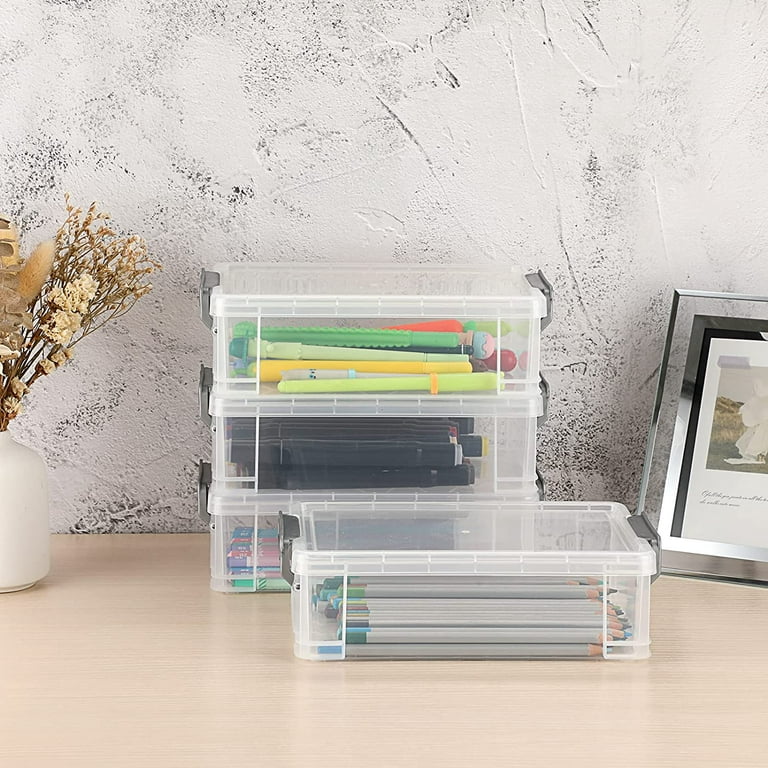 BTSKY Clear Double Deck Pencils Box- Stationery Box Adjustable Small Pencil  Case Organizer Durable Plastic Pen Holder Box with 4 compartments for
