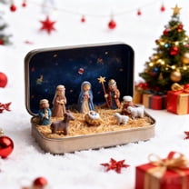 FYHALE Mini Christmas Nativity Set in a Tin Box, Portable Nativity Scene Decoration Set with Resin Holy Family Sheep and Jesus Figurines, Christmas Decor Gift for Friends and Family