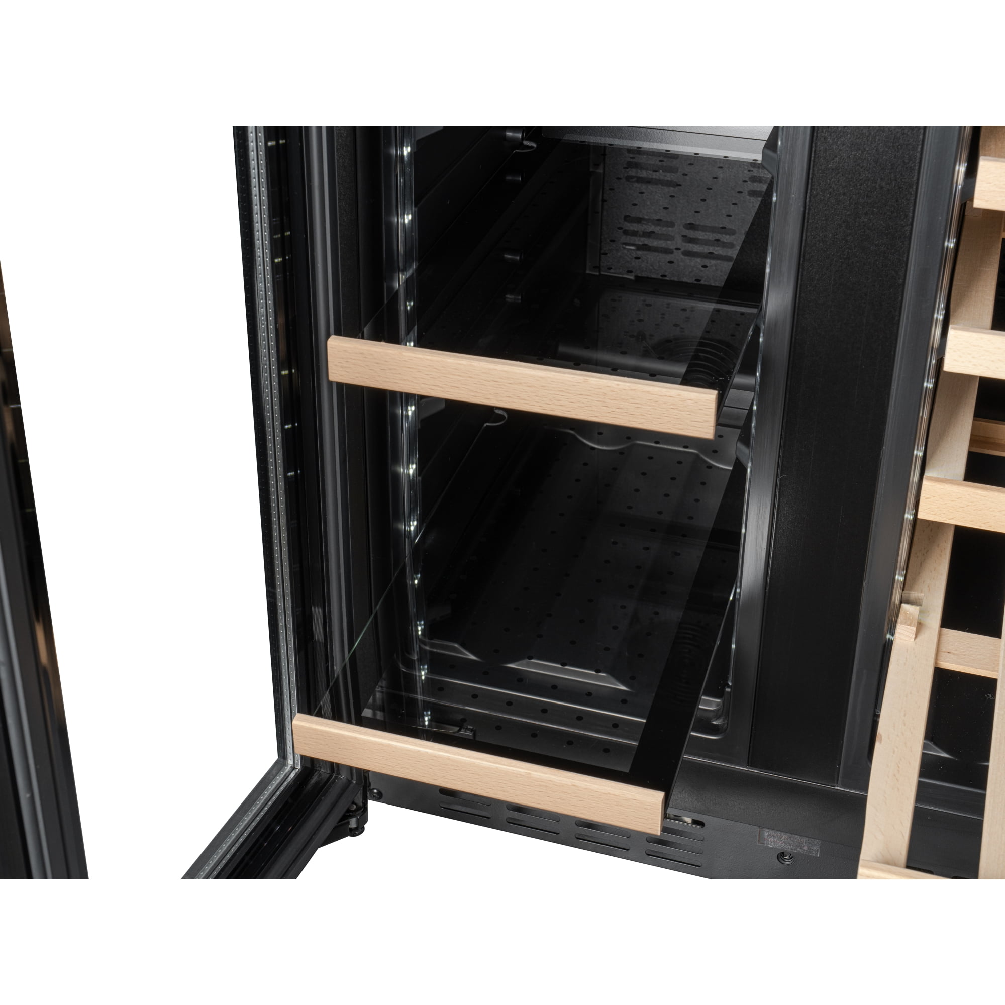 KoolMore Reserve 24 in. French Door Dual Zone Panel Ready Under-Counter Cooler with Wooden Shelves and 20 Bottle Capacity in the Right Zone and 2.1 Cu. Ft. on the Left in Black (KM-CWB24-WPR)