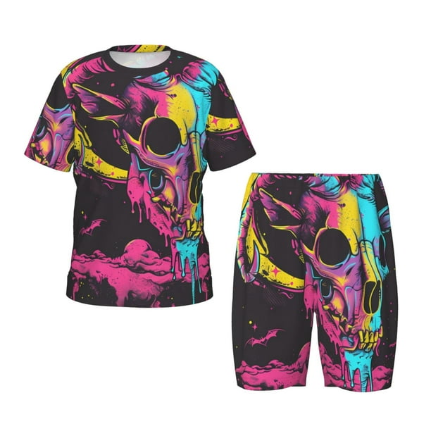 Balery Neon Gothic Skull Moon Conjunto de Pijama Infantil de Manga Corta con Estampado – Ropa de Dormir de Algodón Suave-Medium