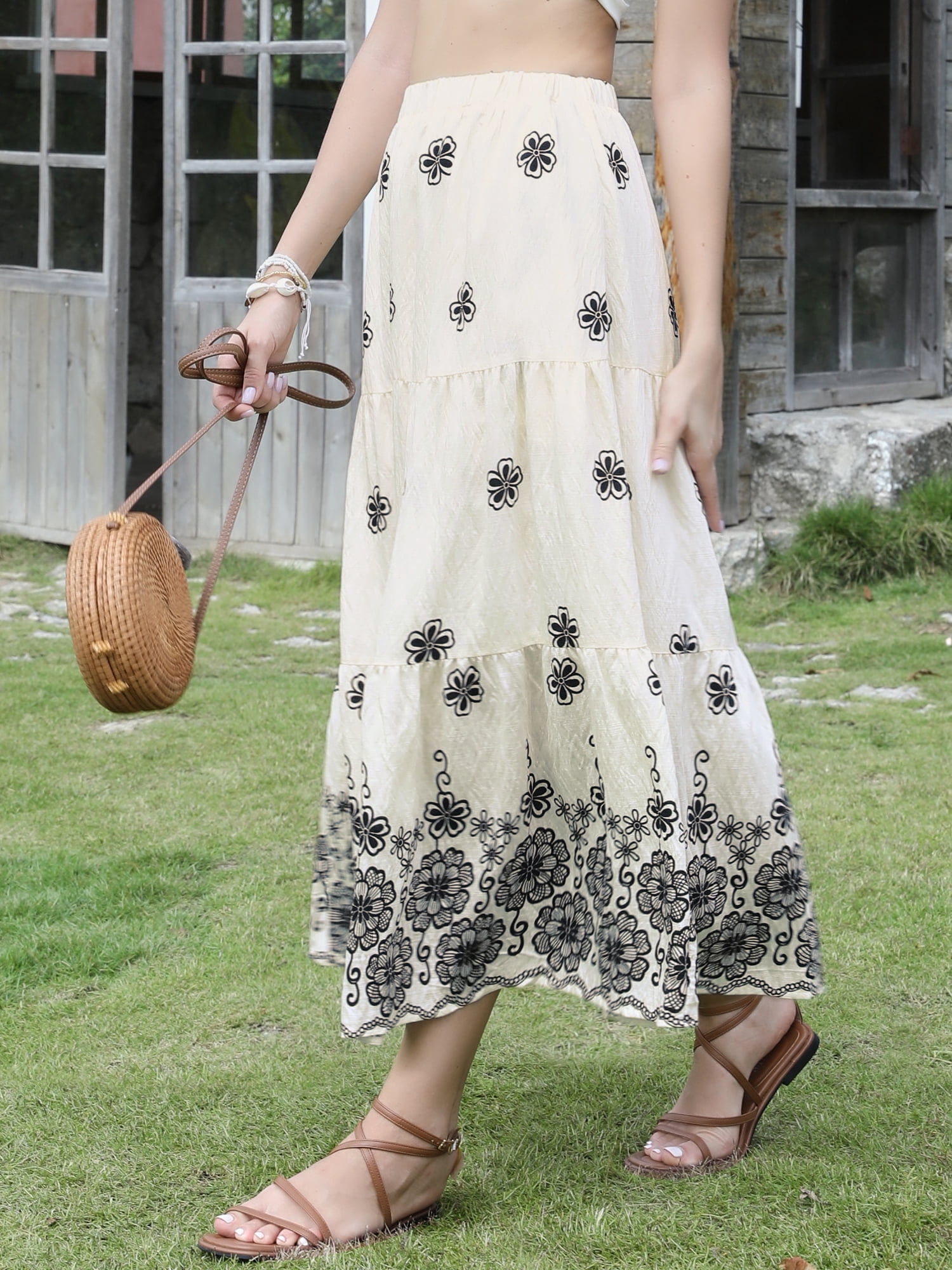 DARING DIVA Women's Ruffle Hem A Line Flared Long Skirts XL White