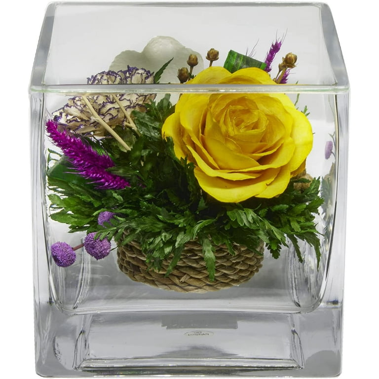 Fiora Flower Long-Lasting Yellow Rose and White Orchid in a Cube