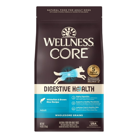 Wellness CORE Digestive Health Dry Dog Food, Wholesome Grains, Natural, High Quality Ingredients for Dogs with Sensitive Stomachs, Whitefish & Brown Rice Recipe, (4-Pound Bag)