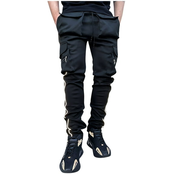 HOOMEUMY Men's Straight Leg Stacked Sweatpants with Multi-Pockets Drawstring Elastic Waist Streetwear Long Pants Black XXXL