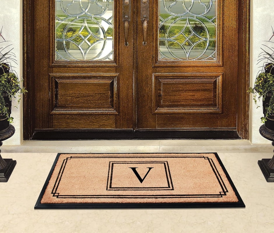 A1 Home Collections Rubber & Coir Mat, Heavy Duty, Extra Large, Front Door Mat 24"X48", Black/Beige Doormat Monogrammed V