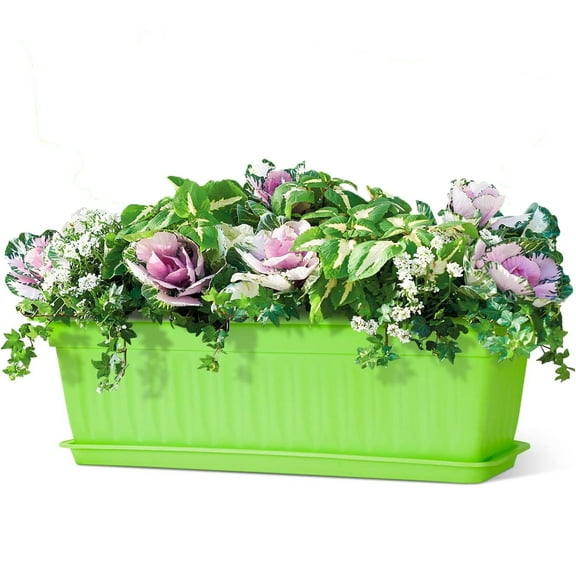 NOGIS Flower Window Box Planters 17 Inches Plastic Vegetable Plant Pot Rectangular Planters with Trays for Windowsill, Patio, Porch, Garden, Home Decor (Green)