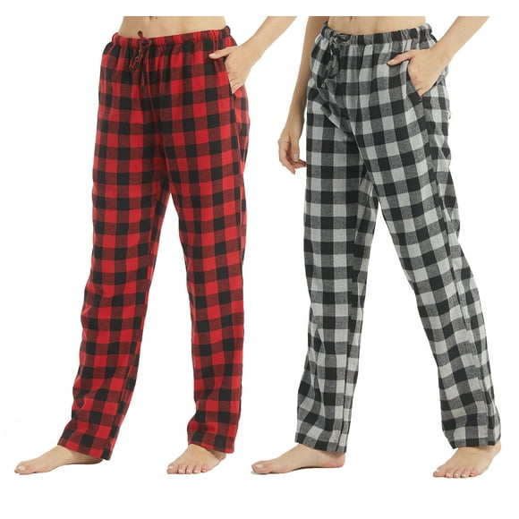 LANBAOSI Lot de 2 Pantalons de Pyjama en Flanelle pour Femme avec Poches Bas de Pyjama en Coton à Carreaux pour Femme Pantalons de Détente Confortables à Cordon Vêtements de Nuit Taille g