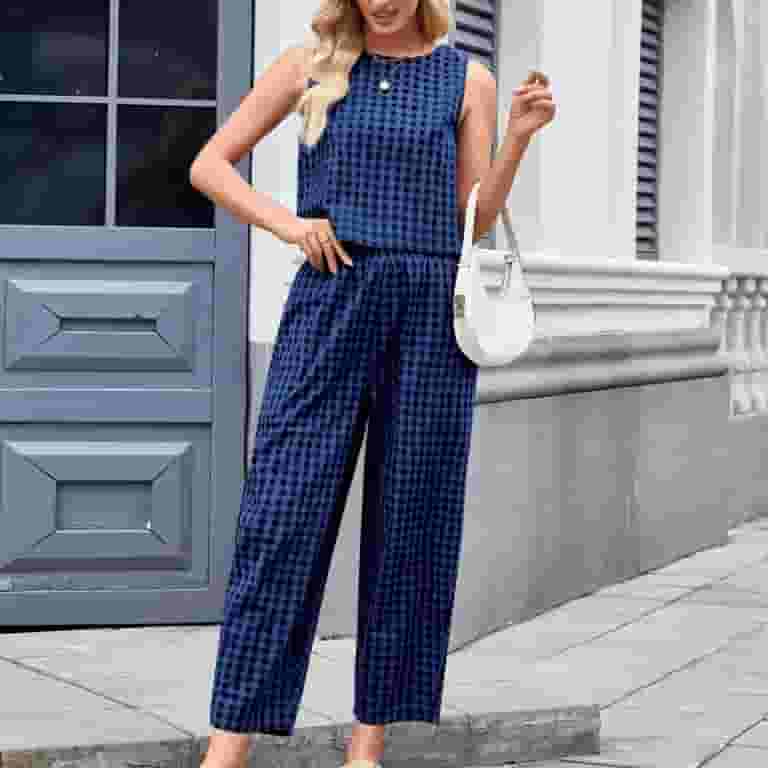 Women's Plaid Piece Outfit Sleeveless Tank Top Wide Leg Pants