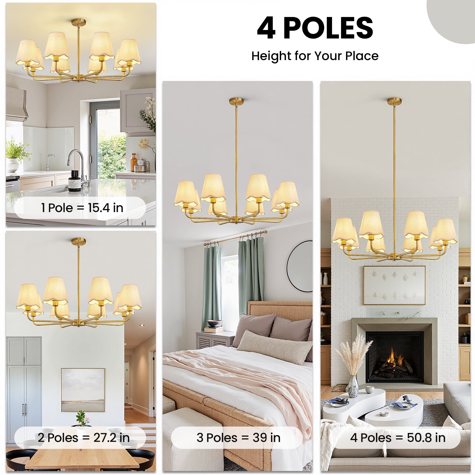 5-Light Gold Modern Farmhouse Chandelier with Wavy Fabric Shades for Dining Room