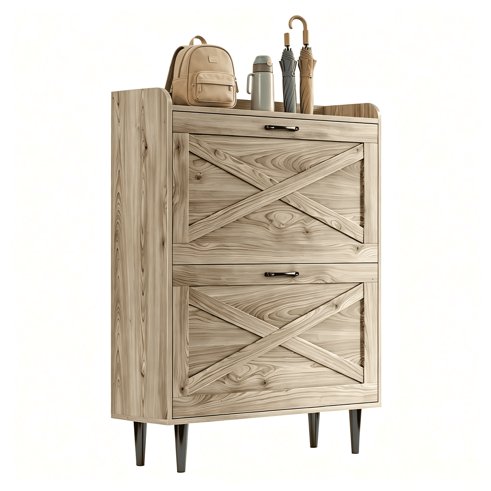 2-Drawer Barn Door Shoe Cabinet with Side Panel Countertop Melamine Board Embossed MDF Shoe Cabinet, 31.61*9.45*39.37in, Grey Oak