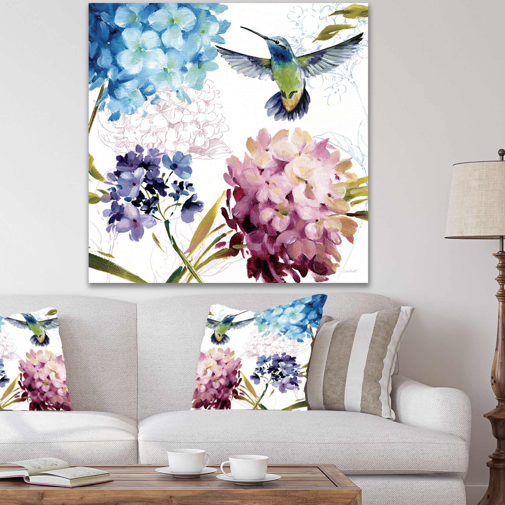 Designart 'Humming bird Blue Cottage Flower' Farmhouse Canvas Artwork