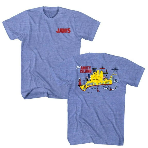 Jaws - Amity Island Map - Officially Licensed American Classics - Front & Back Print Heather Adult Short Sleeve T-Shirt