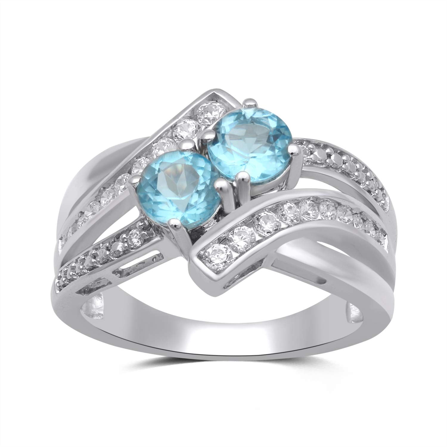 Jewelili Sterling Silver with 5 MM Round Swiss Blue Topaz and Round White Cubic Zirconia 2 Stone Bypass Ring, Size 7