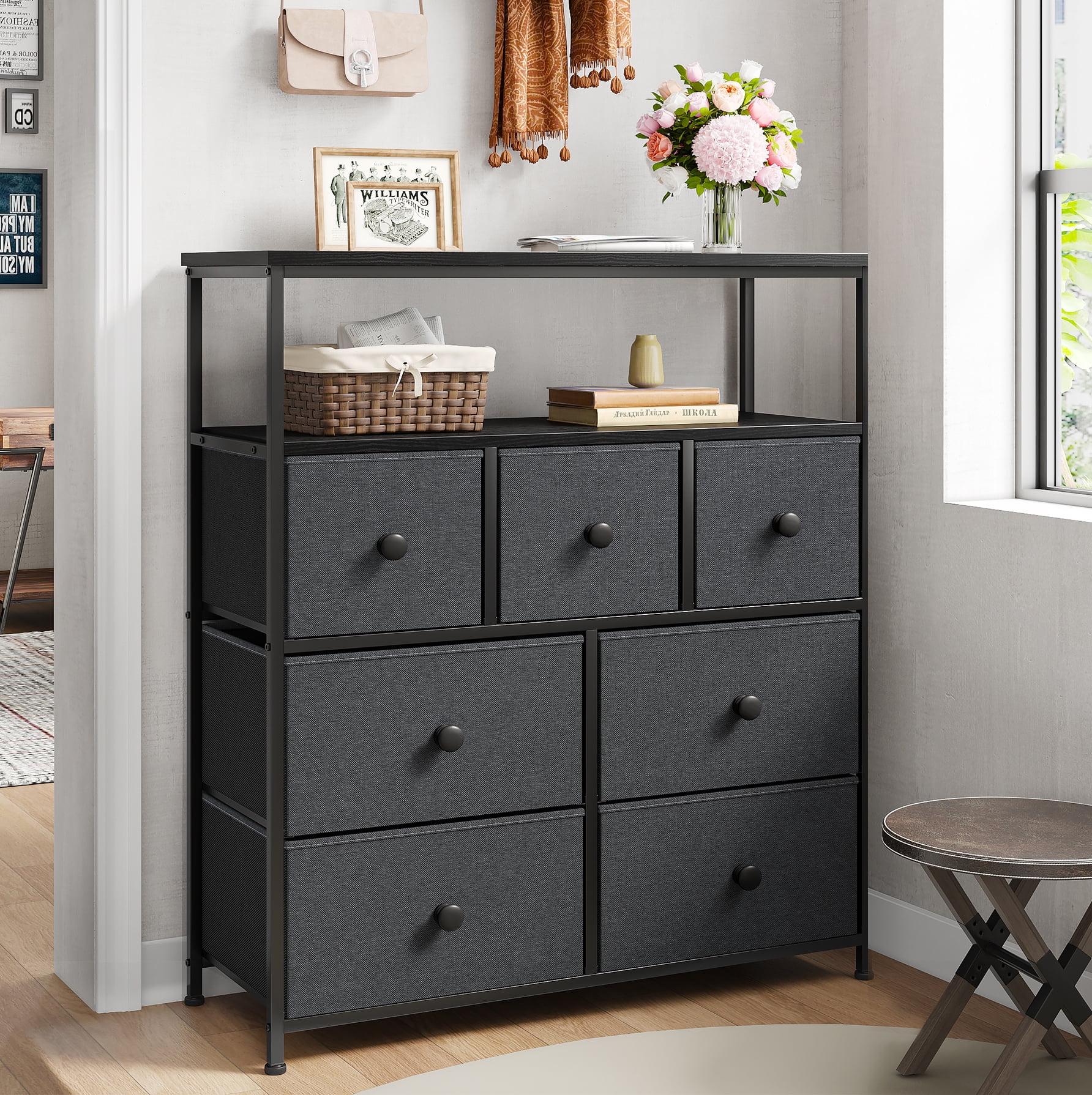 EnHomee Dresser for Bedroom with Shelves Black Dresser with 7 Drawers TV Stand Dressers with Wood Top Metal Frame Small Dresser for Closet Nursery