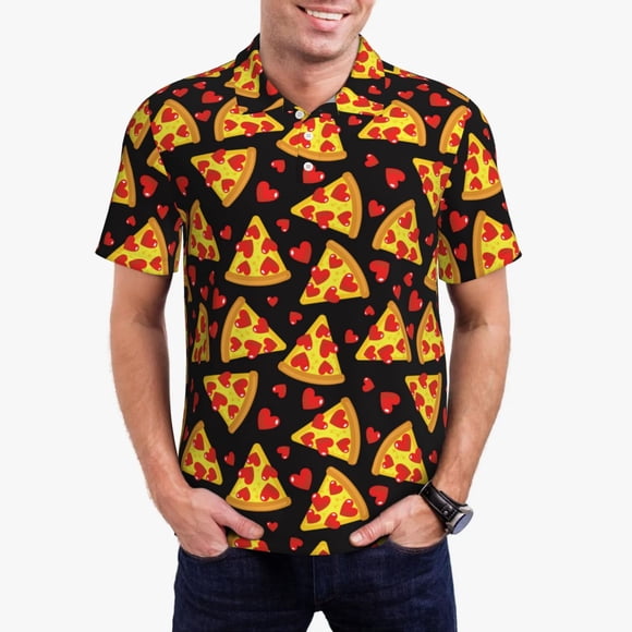 Balery Cartoon Pizza Camisa Polo de Hombre con Estampado, de Manga Corta y Tejido Medio, Camisa Tipo Golf Polo-Large