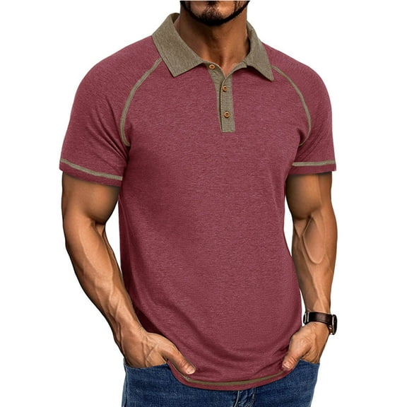 Shirts for Men DYTTDG Men's Fashion Colorblocking Lapel Button Short Sleeve T-Shirt Golf Tee Casual Top Red S