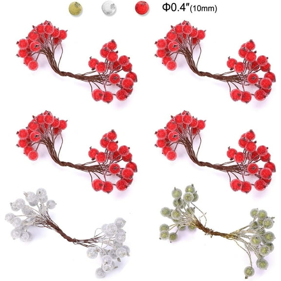 HOWAF 6 Pack 240pcs Artificial Frosted Holly Berries, Red, Gold and Silver Mini Christmas Frosted Fruit Berry Stems Artificial Berries Flower for Christmas Tree Decoration DIY Crafts Wreath Making