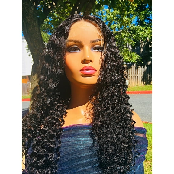 2Chique Boutique Human Hair Wig 13x4 Transparent Lace Wig Natural Color 1B Deep Wave 20 inches 180% Density