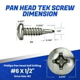 thumbnail image 2 of Fastenere Pan Head Self Drilling Tek Screws -#6 x 1/2" (100 Pack) Stainless Steel 410, Full Thread, Bright Plain Finish, Corrosion-Resistant, Self-Drilling, Easy to Install w/ Phillips Drive Size #2, 2 of 4