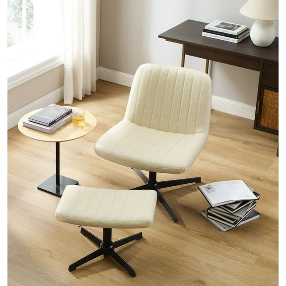 Art Leon Accent Chair with Ottoman,360 Degree Swivel Reading Chair for Bedroom Livingroom, Faux Leather Height Adjustable, Off-White