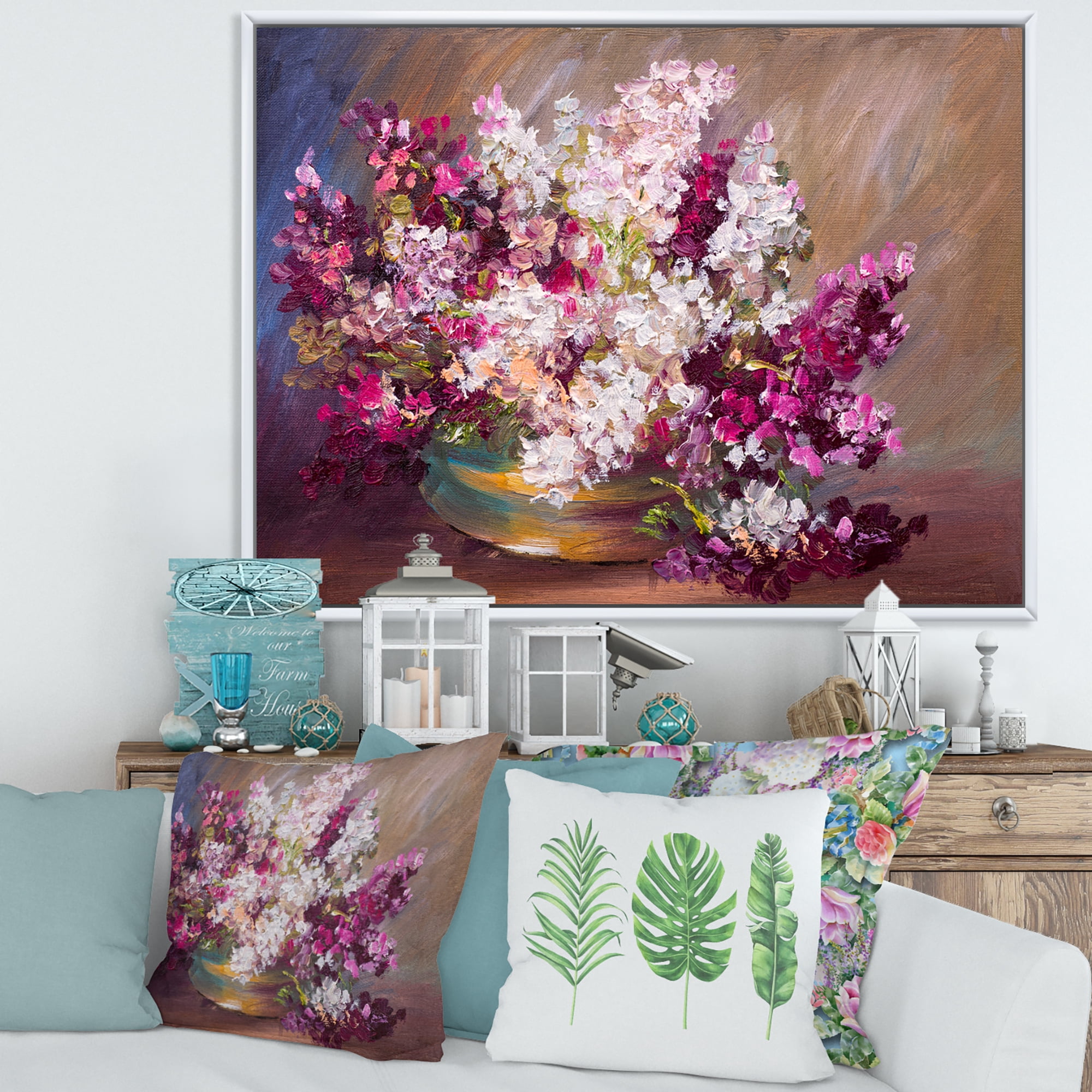 Bouquet Of Still Life Lilacs 20 in x 12 in Framed Painting Canvas Art Print, by Designart