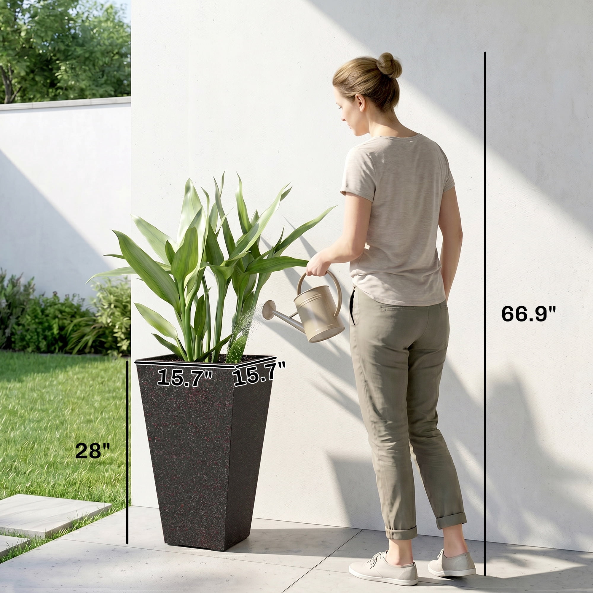 Outsunny 28" Tall Planters, Set of 3 Plastic Flower Pots with Marble Finish and Drainage Holes, Stackable Tapered Outdoor Planters, Brown