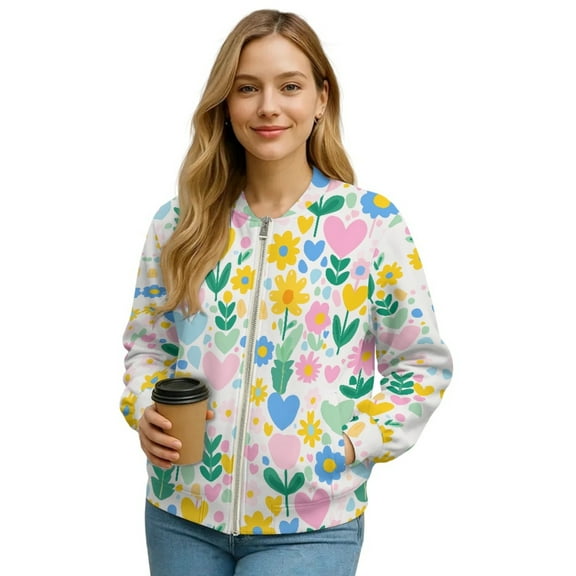 Xixirimido Women's Casual Jacket Lightweight Bomber Jackets with Pockets Windbreaker Zip-up Varsity Jackets Fall Outerwear, Boho Floral Hearts, Medium