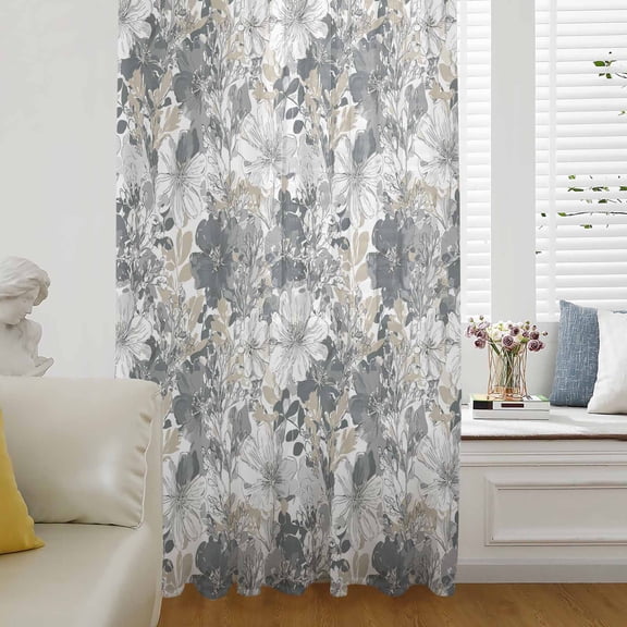 Spring Botanical Sheer Curtains 54 Inches Long for Living Room/Bedroom, Country Floral Leaves Gray Brown Rod Pocket Voile Kitchen Curtains & Drapes Window Treatment 1 Panel, 52"W x 54"L