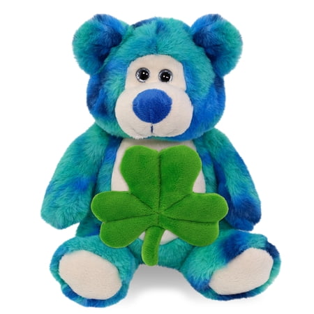 DolliBu Blue Tie-Dye Bear Stuffed Animal with Green Plush Shamrock Cute Green Shamrock Plush Fun St Patricks Day Stuffed Animal Bear Good Luck St Patricks Day Toys for Kids Baby - 9 Inches