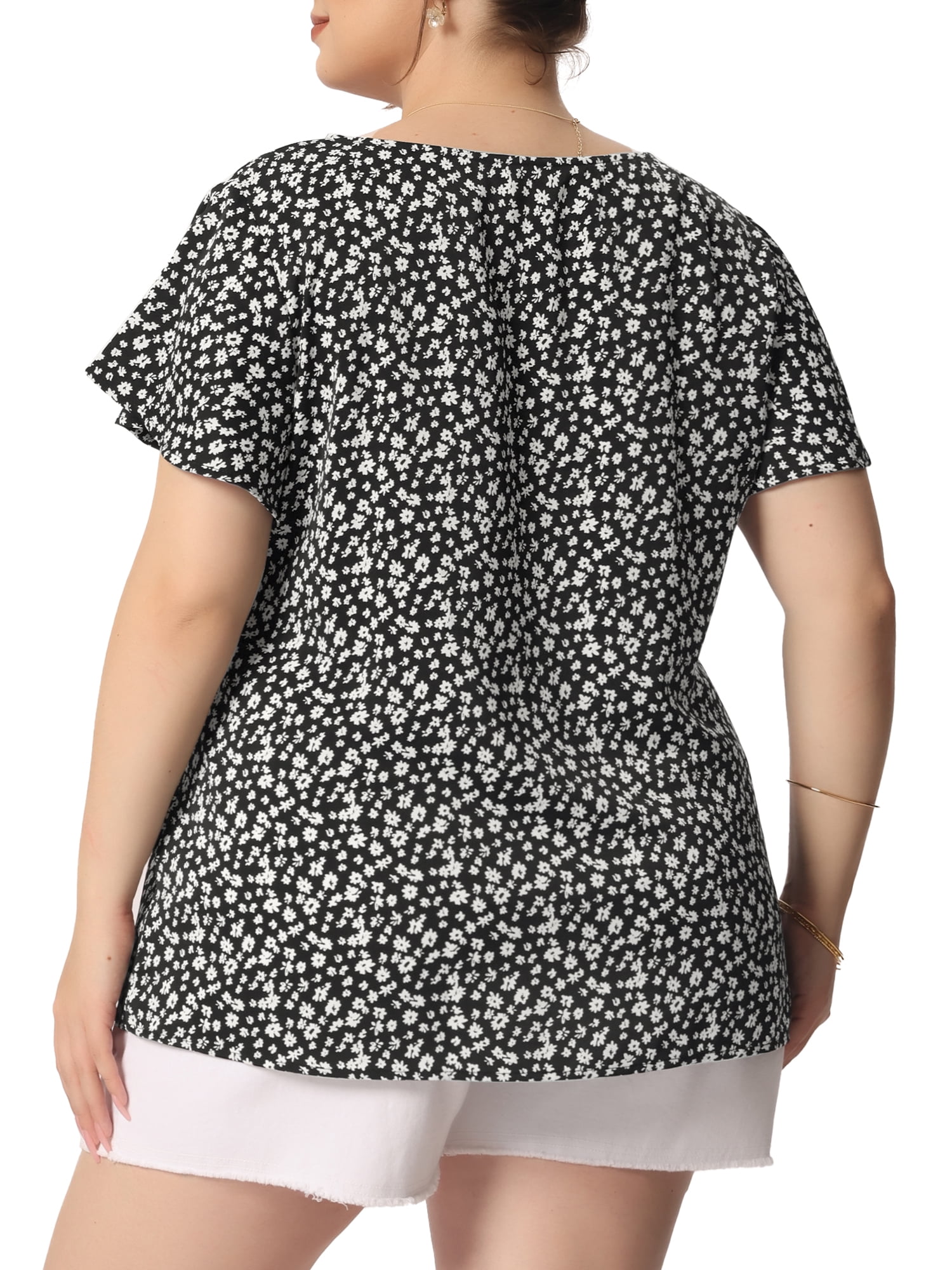Unique Bargains Women's Plus Size Summer Floral Flutter Sleeve Round Neck Peplum Blouse