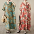 thumbnail image 6 of Vintage Women Cotton Linen Dress Print Spliced V Neck Short Sleeve Pocket Loose Dress, 6 of 9