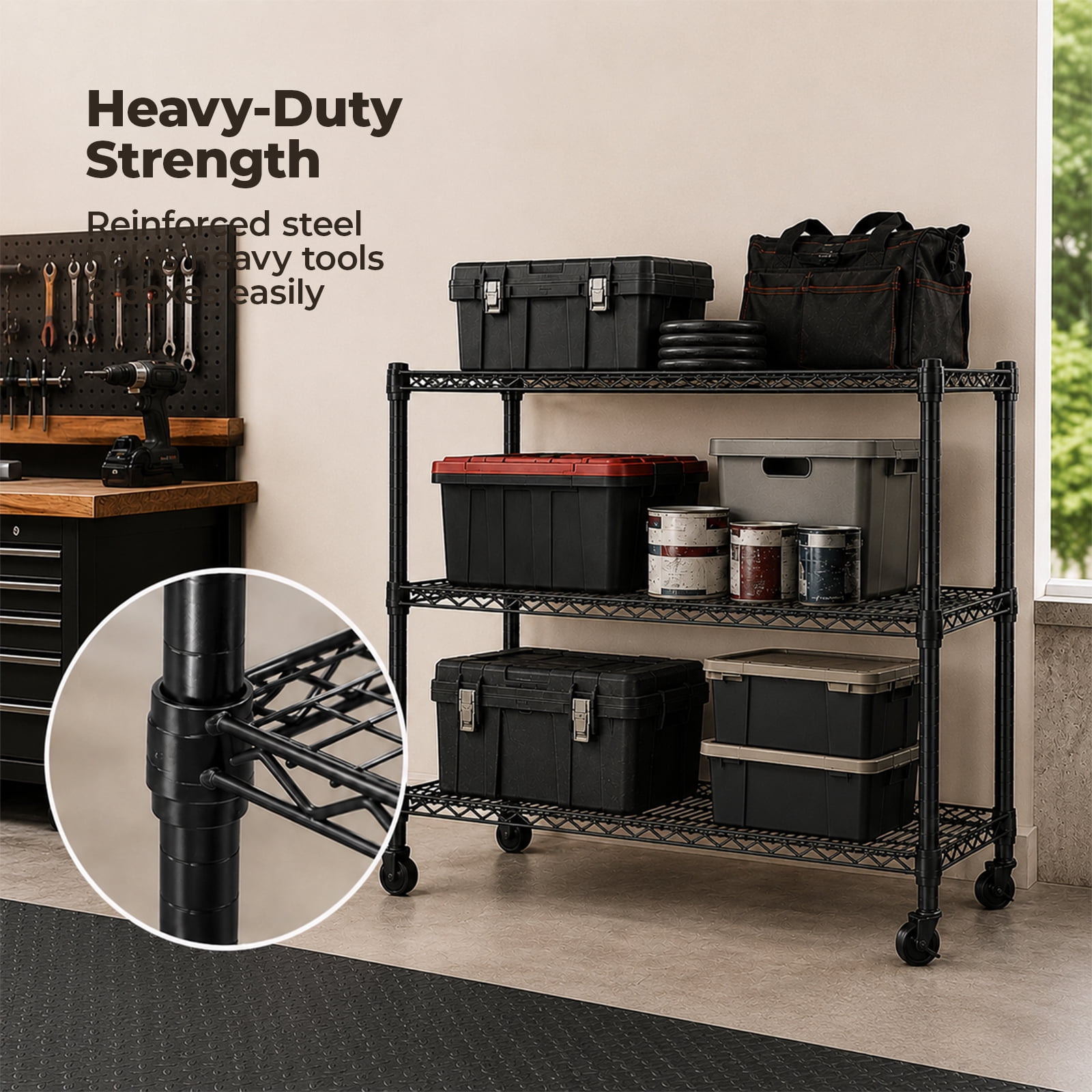 Alvantor 3/4/5 Tier Heavy Duty Adjustable Metal Shelf with Wheels, No-Tool Assembly, Suitable for Garages, Kitchens, Storage Rooms, Laundry Rooms and Offices