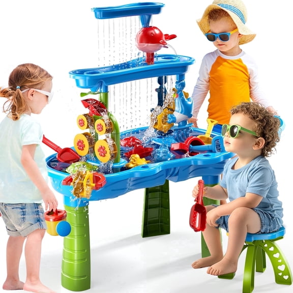 MAVOLIO Toddlers 3-Tier Sand and Water Table with Chair - Toddler Sensory Play Table with Beach Toys Set, Outside Outdoor Summer Toys for Kids Ages 1-3 3-5 5-8