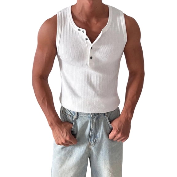 LEKWK Mens Henley Tank Top Sleeveless Button Placket Scoop Neck Ribbed Tops Slim Fit Stretch Muscle Shirt Casual Gym Workout Shirts Summer Layering Tees White L