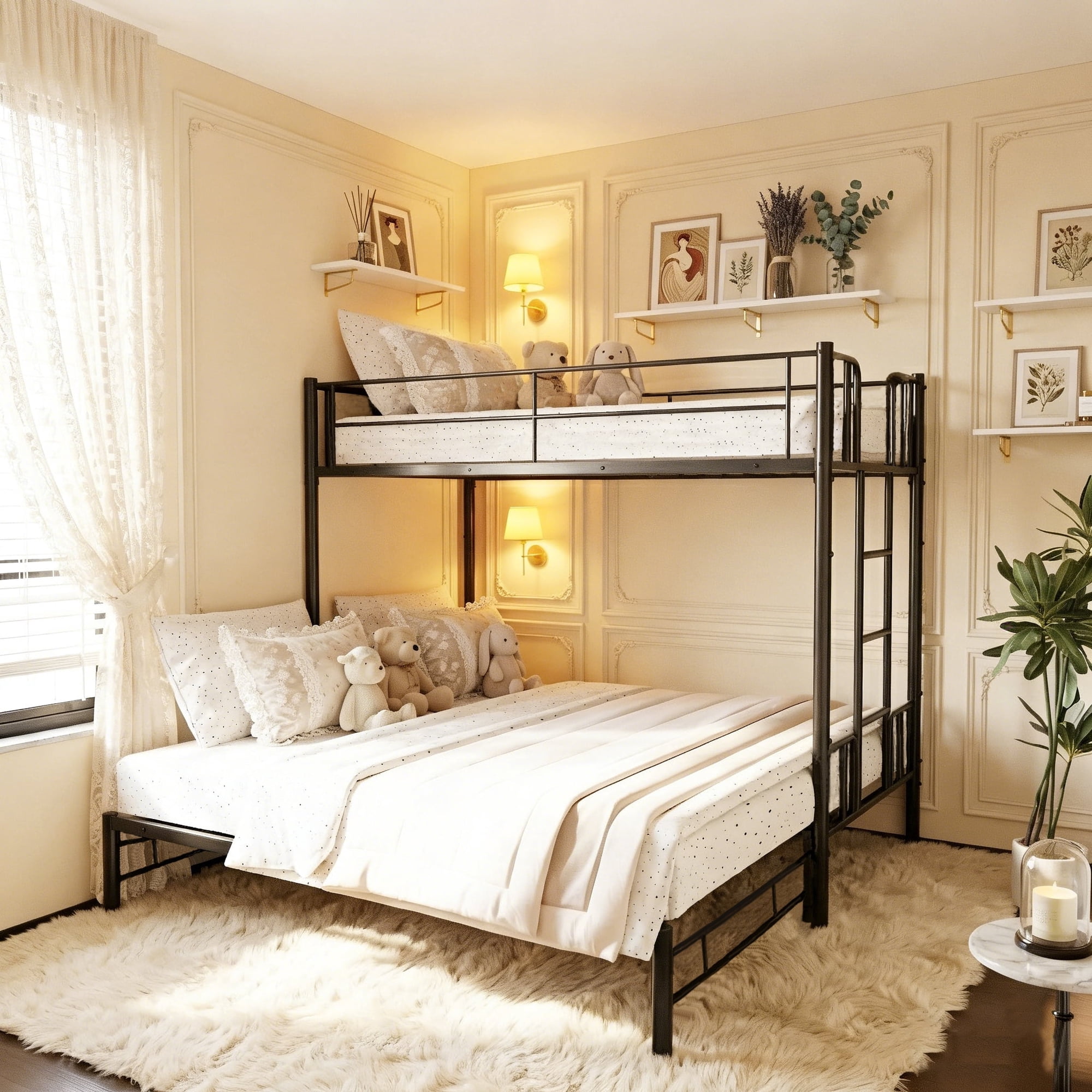 Eyisean Twin Over King Size Metal Bunk Bed, Space-Saving Pull-Out Bed Frame with Built-In Ladder, Heavy-Duty Extendable Beds with Safety Guardrail for Bedroom, Dorm, No Box Spring Needed