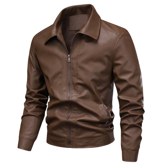 LOVZFMLL Jackets for Men Solid-Color Fashionable Zipper Pocket Windproof Warm Long Sleeve Hoodless Faux Leather Outwear Jacket