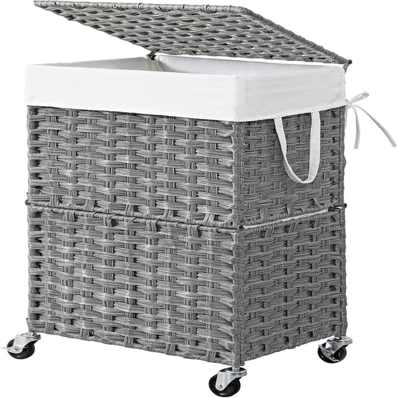 90L Slim Laundry Hamper with Wheels, Wicker Rolling Laundry Basket with Lid and Renovable Liner Bag, Handwoven Rattan Organizer for bedroom, bathroom, laundry room (Grey)