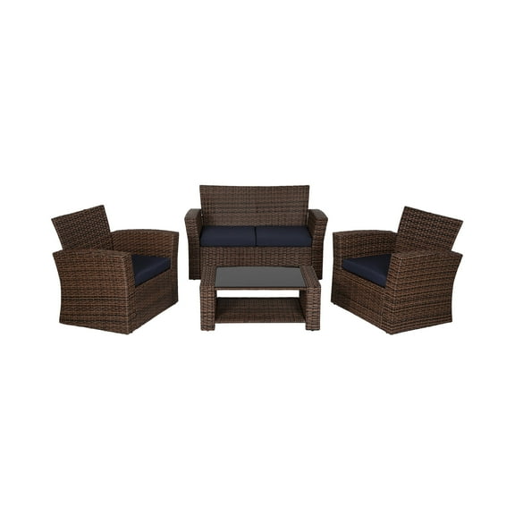WestinTrends 4pc Outdoor Furniture Conversation Sofa Set with Loveseat, Cofee Table and Cushions, All Weather UV Resistant Rattan Wicker Patio Chairs, Brown/Navy Blue