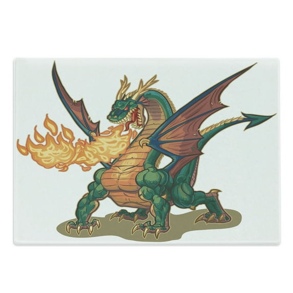 Dragon Cutting Board, Mythical Spitting Monster Dreamy Mascot Reptilian Culture Cartoon, Decorative Tempered Glass Cutting and Serving Board, Large Size, Hunter Green Dark Orange, by Ambesonne