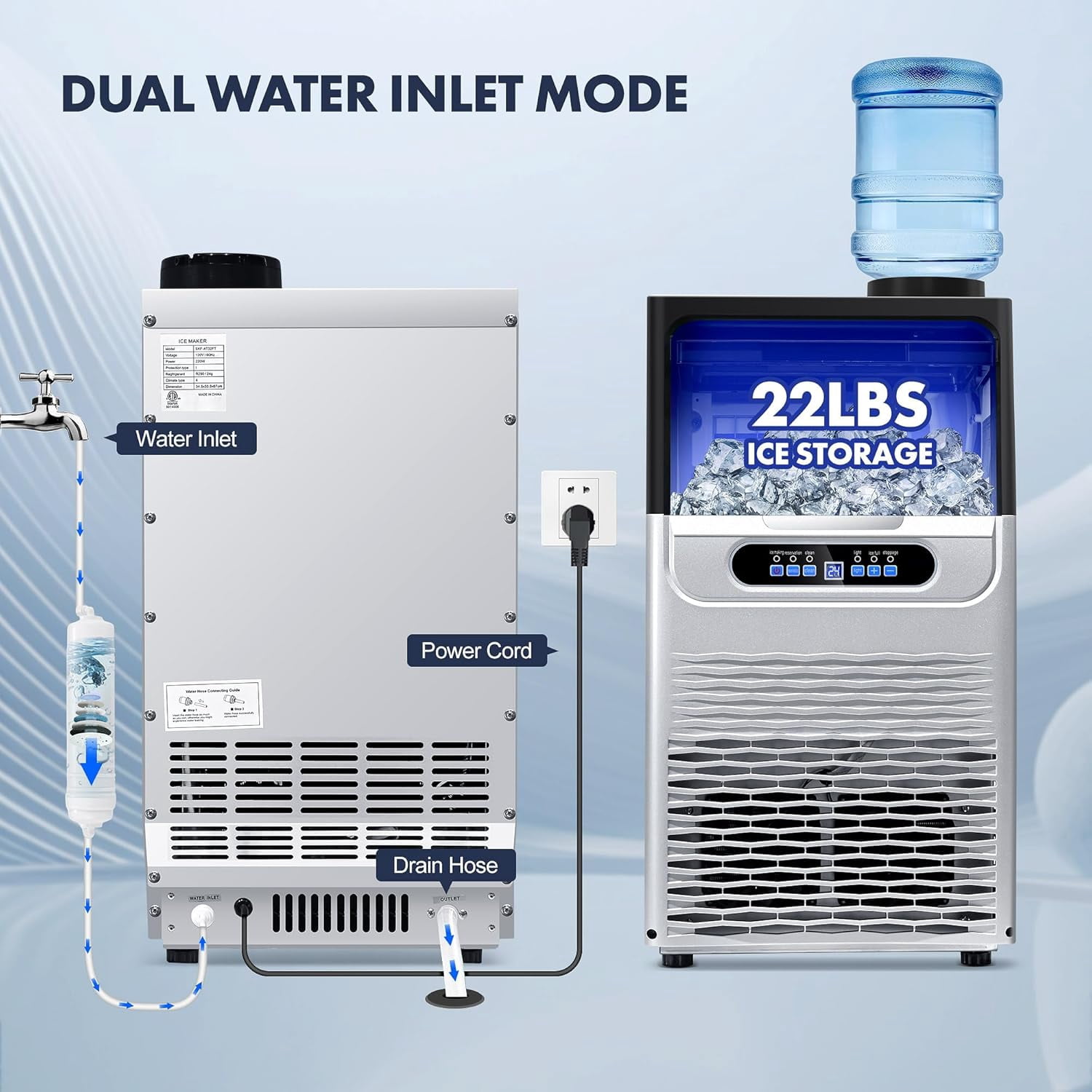 Commercial Ice Maker Machine, 80LBS/24H Under Counter Ice Maker, Stainless Steel Freestanding Ice Machine with 22LBS Bin, Self-Cleaning, Scoop, Ideal for Home Bar Offices
