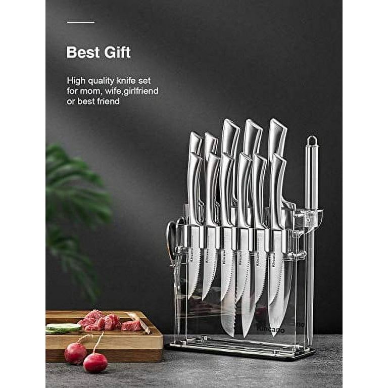 14 Pcs German Stainless Steel Kitchen Knife Set with In-Drawer Bamboo Knife  Block - 7 Chef Knives,6 Serrated Steak Knives, Knife Sharpener, Ultra