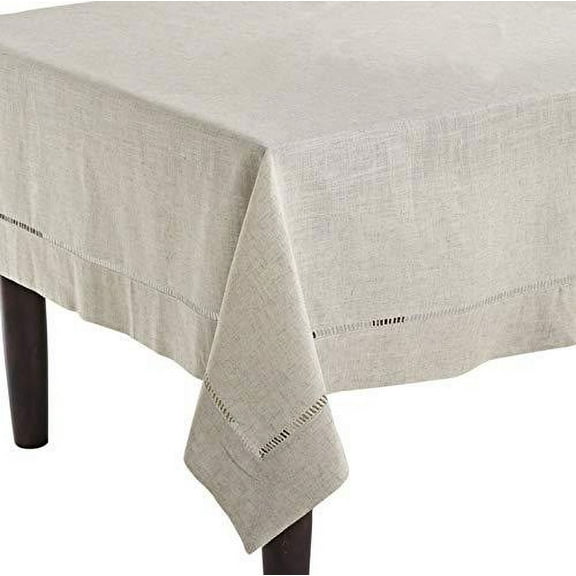Fennco Styles Toscana Contemporary Hemstitched Linen Blend 65 x 140 Inch Table Cloth for Dinner Table, Parties, Wedding Decorations, Natural