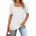 thumbnail image 1 of Mujer Cuello Cuadrado Manga Corta Top Fruncido Patrón Liso Suelto Suave Transpirable Verano Camiseta Blanco M, 1 of 6