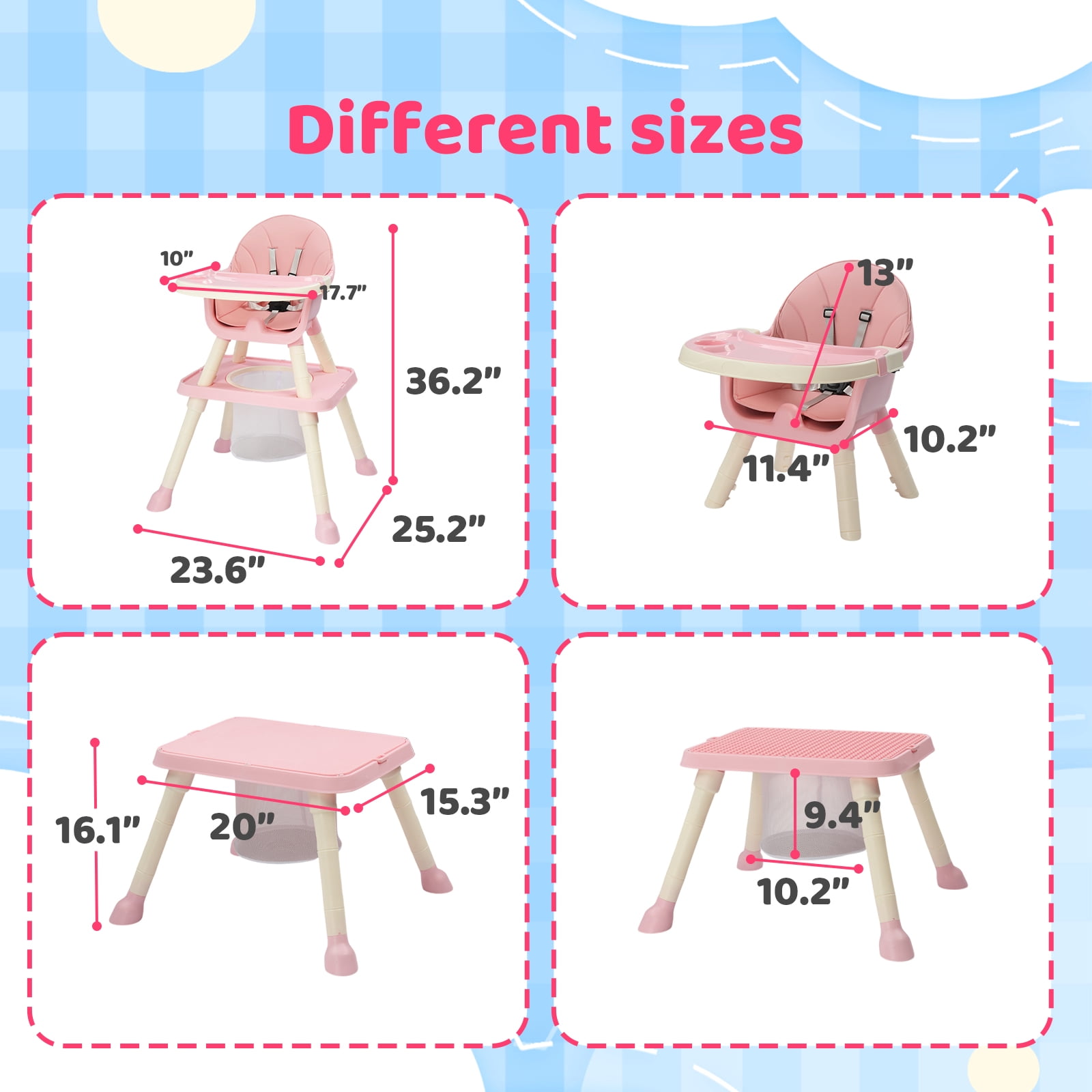PEXMOR 7 in 1 Convertible Baby High Chair, Leather Cushion Eating Table Chair Set for Babies Toddlers, Pink
