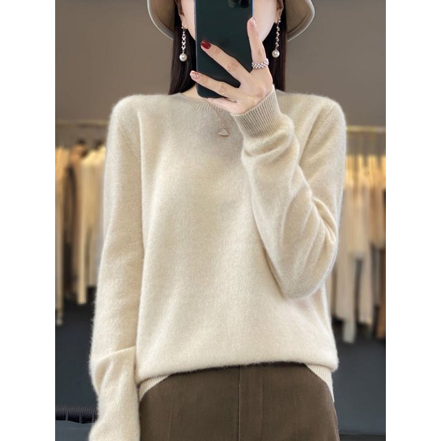 Suéter de lana merino 100 % para mujer, jersey de cachemira, prendas de punto, otoño e invierno, cuello redondo, color liso, ropa básica de moda para mujer