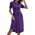 thumbnail image 3 of Nlife Women Crew Neck Ruched Button Decorative Short Sleeve Mid-Dress, 3 of 7