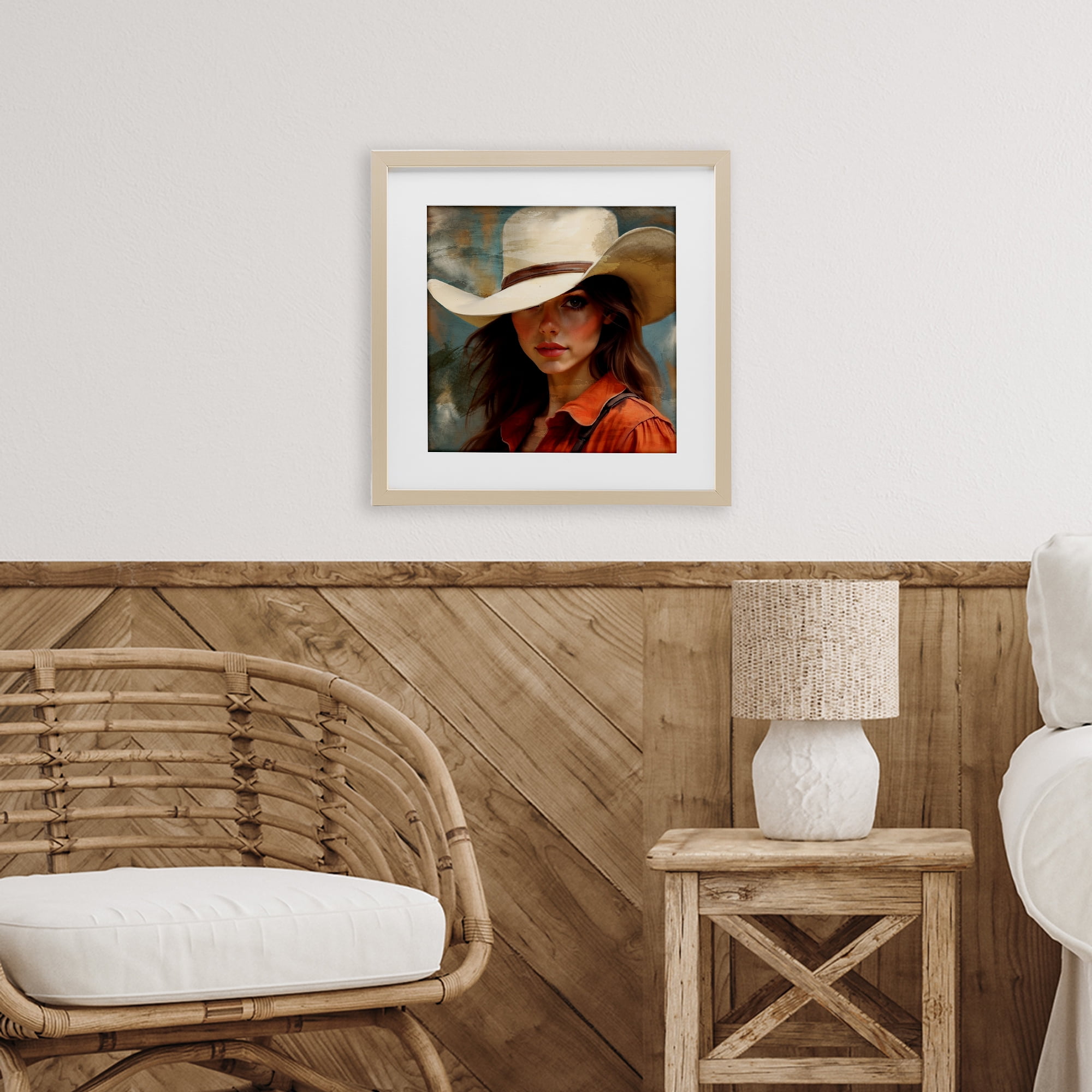 Cowgirl Gaze Beneath Hat Birch Framed Print Under Glass, design by Kim Allen