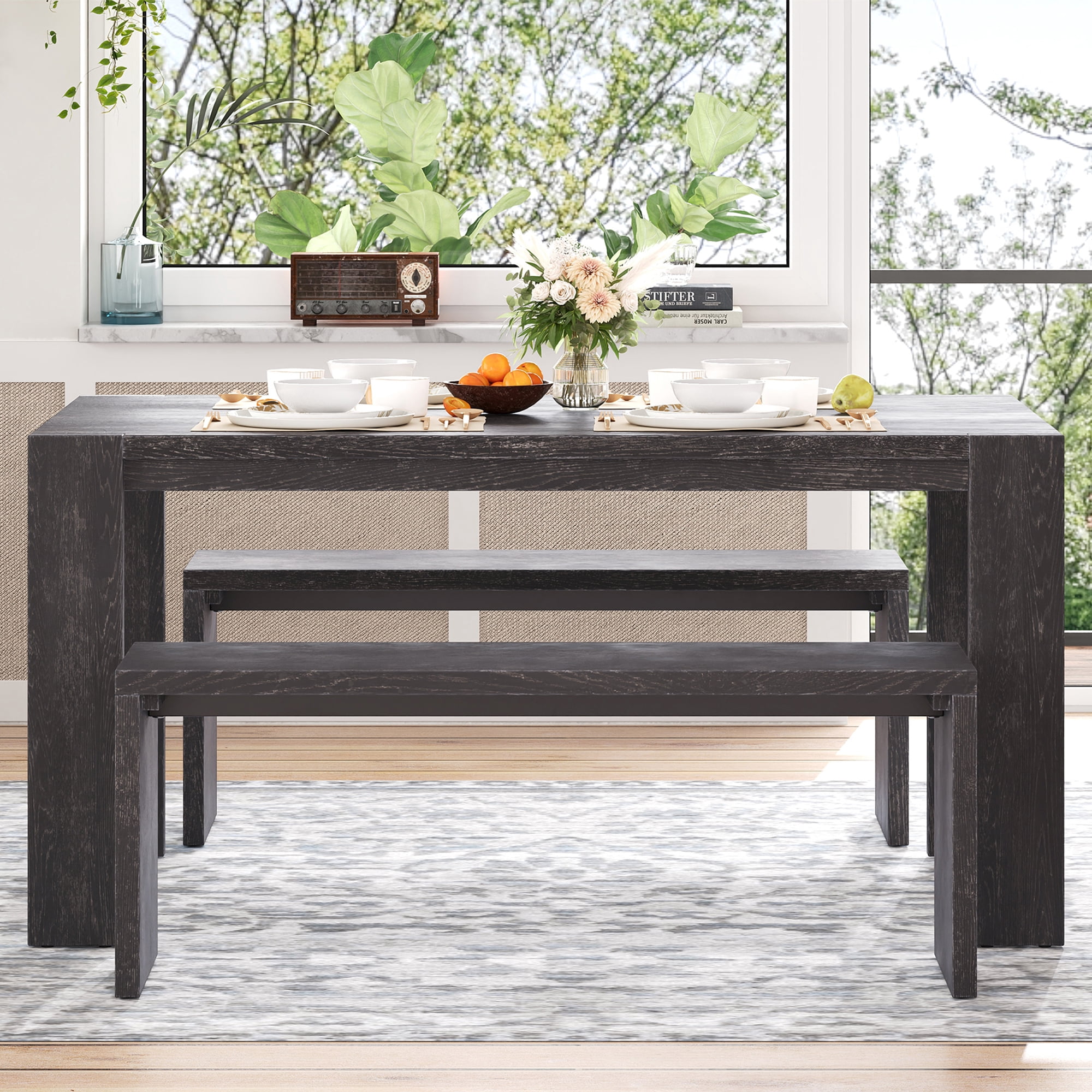 EUROCO 3-Piece Dining Table Set for 4, 60" Wood Kitchen Room Table Set with 2 Benches,Space-Saving Design for Apartment, Small Space and Breakfast Nook,Espresso