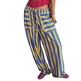 thumbnail image 2 of Women Drawstring Striped Pants Loose Wide Leg Trousers Casual Low Waist Pants with Pockets Yellow & Blue S, 2 of 9